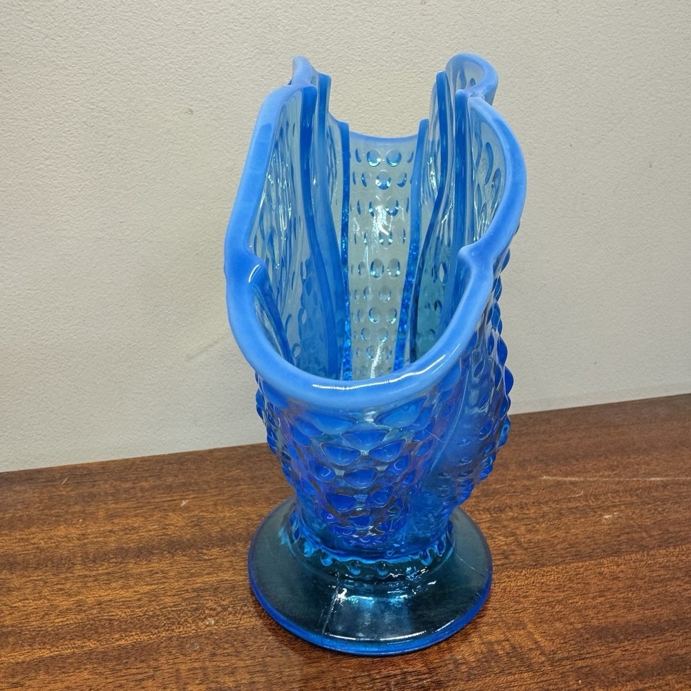 Fenton Blue Opalescent Hobnail Ruffled Fan Vase with Scalloped Edge 10x8 - Picture 8 of 11